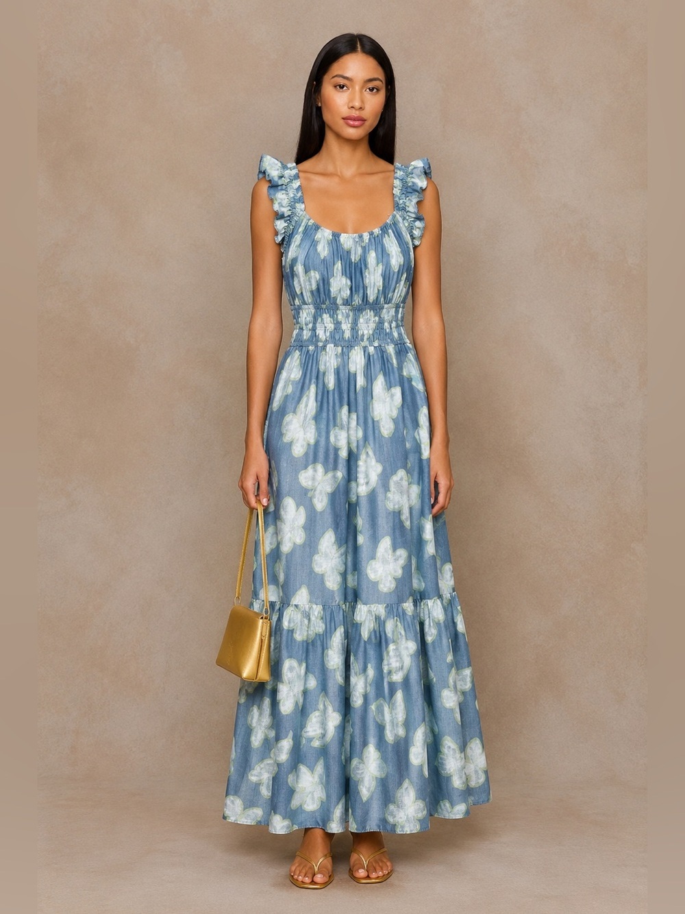 Melloday Butterfly Print Midi Dress Small Blue Tencel Smocked Waist Pockets